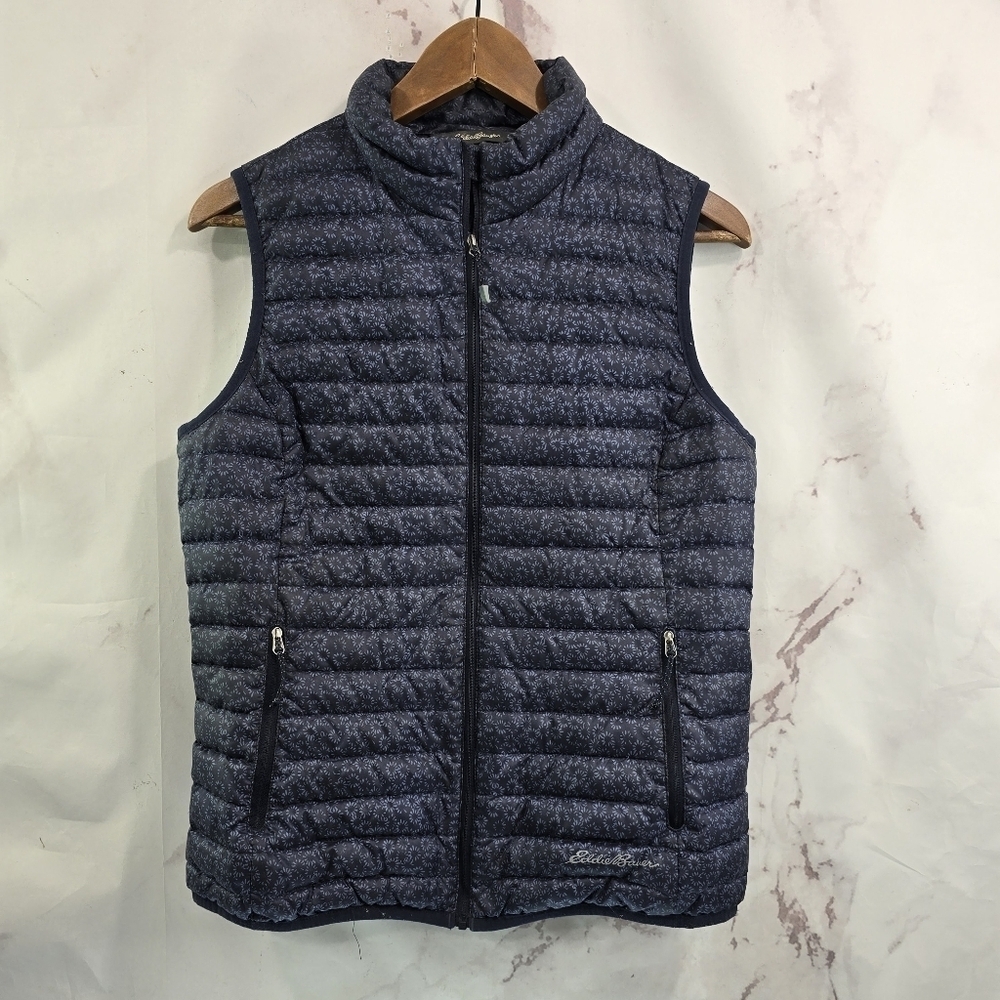 Eddie Bauer Down Vest Womens Small Blue Puffer Insulated 700 Quilted Zip Floral